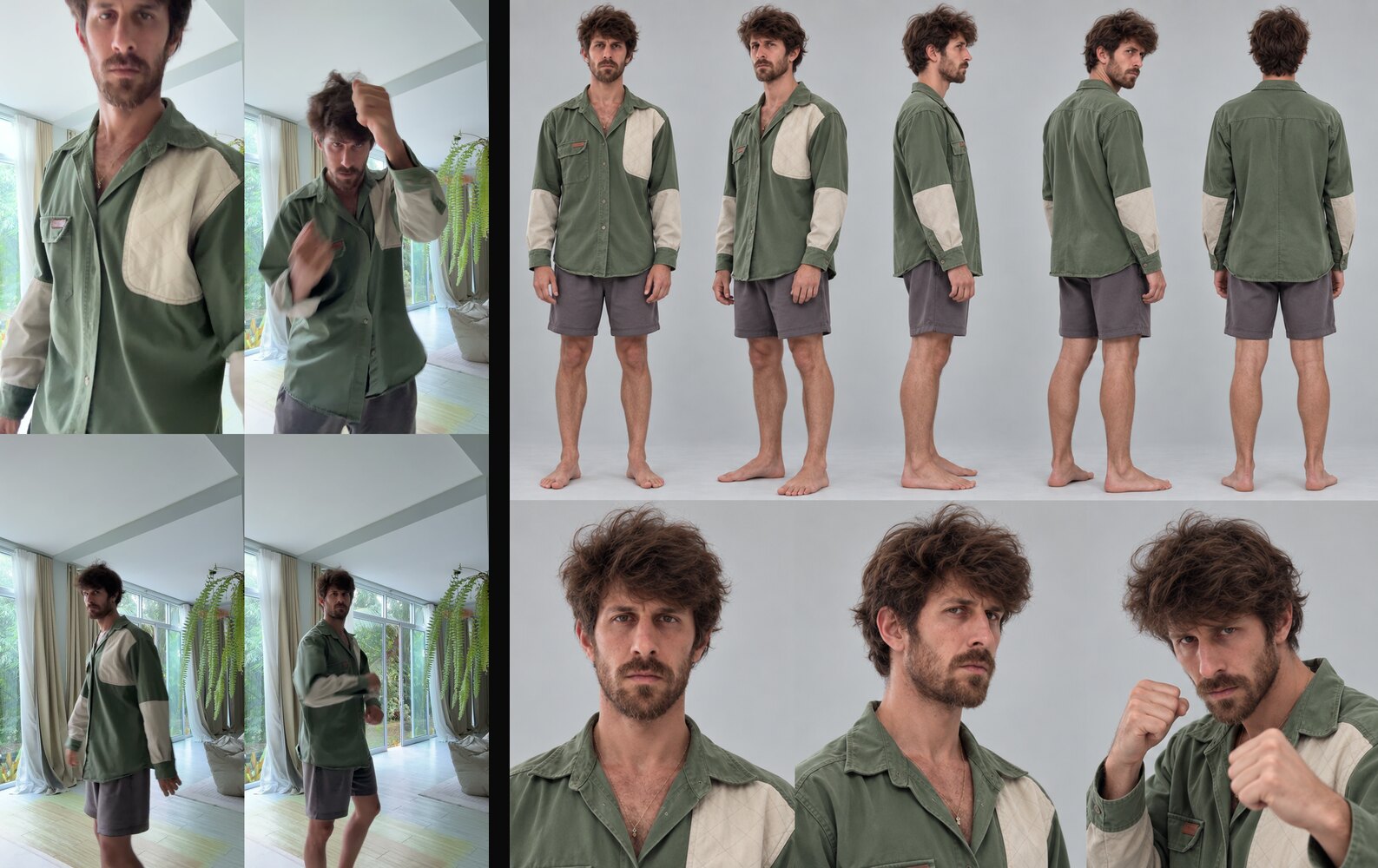 Four frames from my phone clip next to the character sheet ChatGPT made from them
